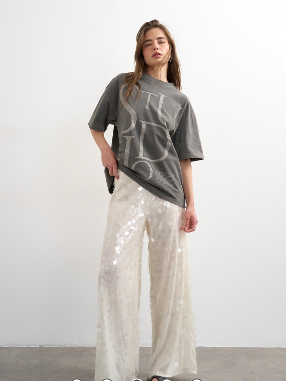 Topshop Cream Sequin Wide-Leg Pants